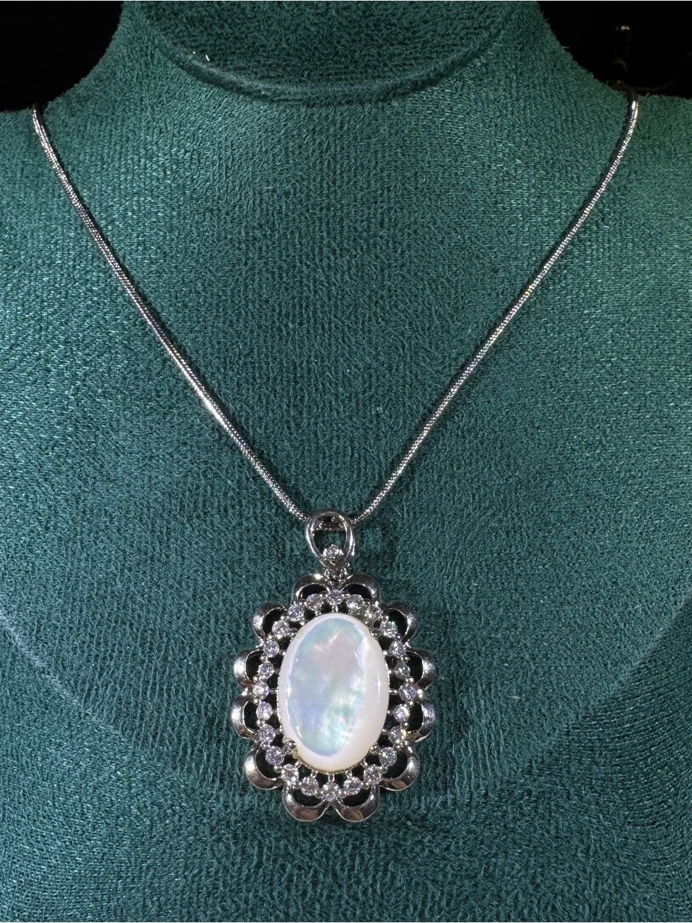 Vintage Mother of Pearl CZ Halo Pendant Necklace